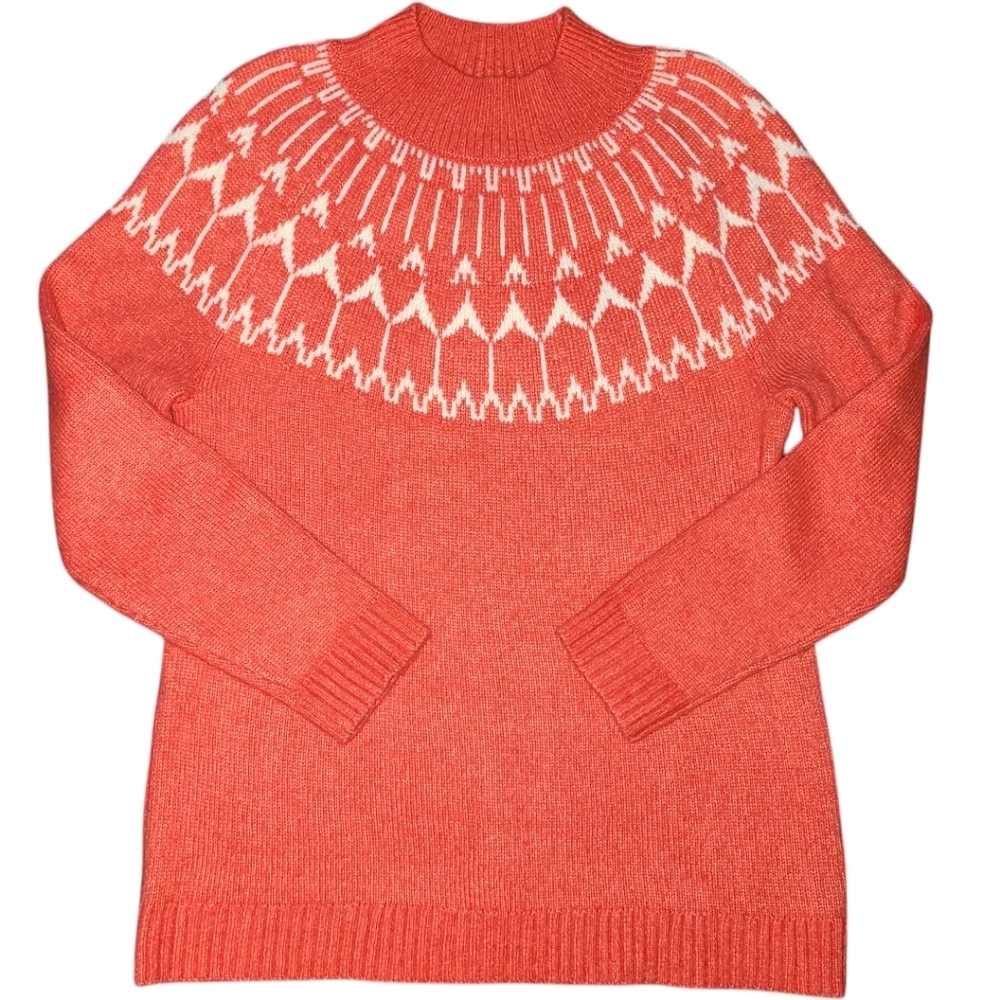 Talbots Coral Fair Isle Mock Neck Raglan Sleeve Sweater Womens Large euc